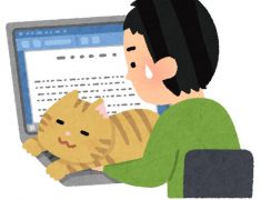 パソコン作業をしている男性と猫のイラスト