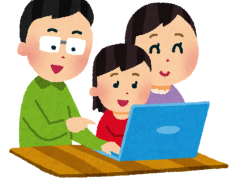 親子三人でのパソコン学習のイラスト