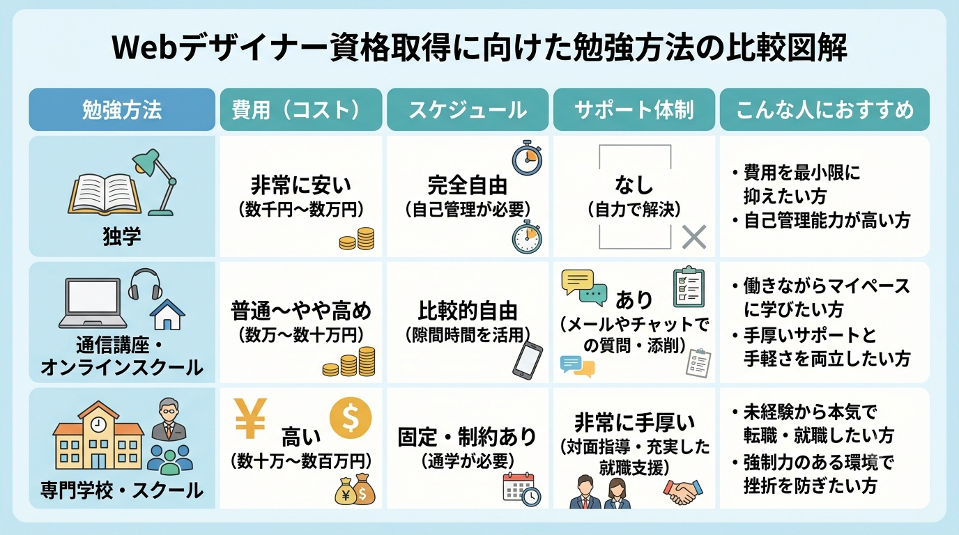 Webデザイナーの資格取得に向けた勉強方法の比較図解テーブル